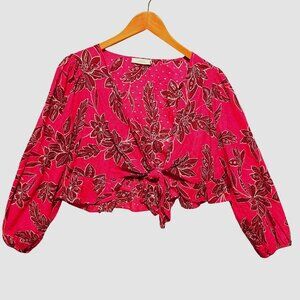 Lush Womens Magenta-Brick Floral Tie Front Cotton Top Long Sleeve Ruffle Hem